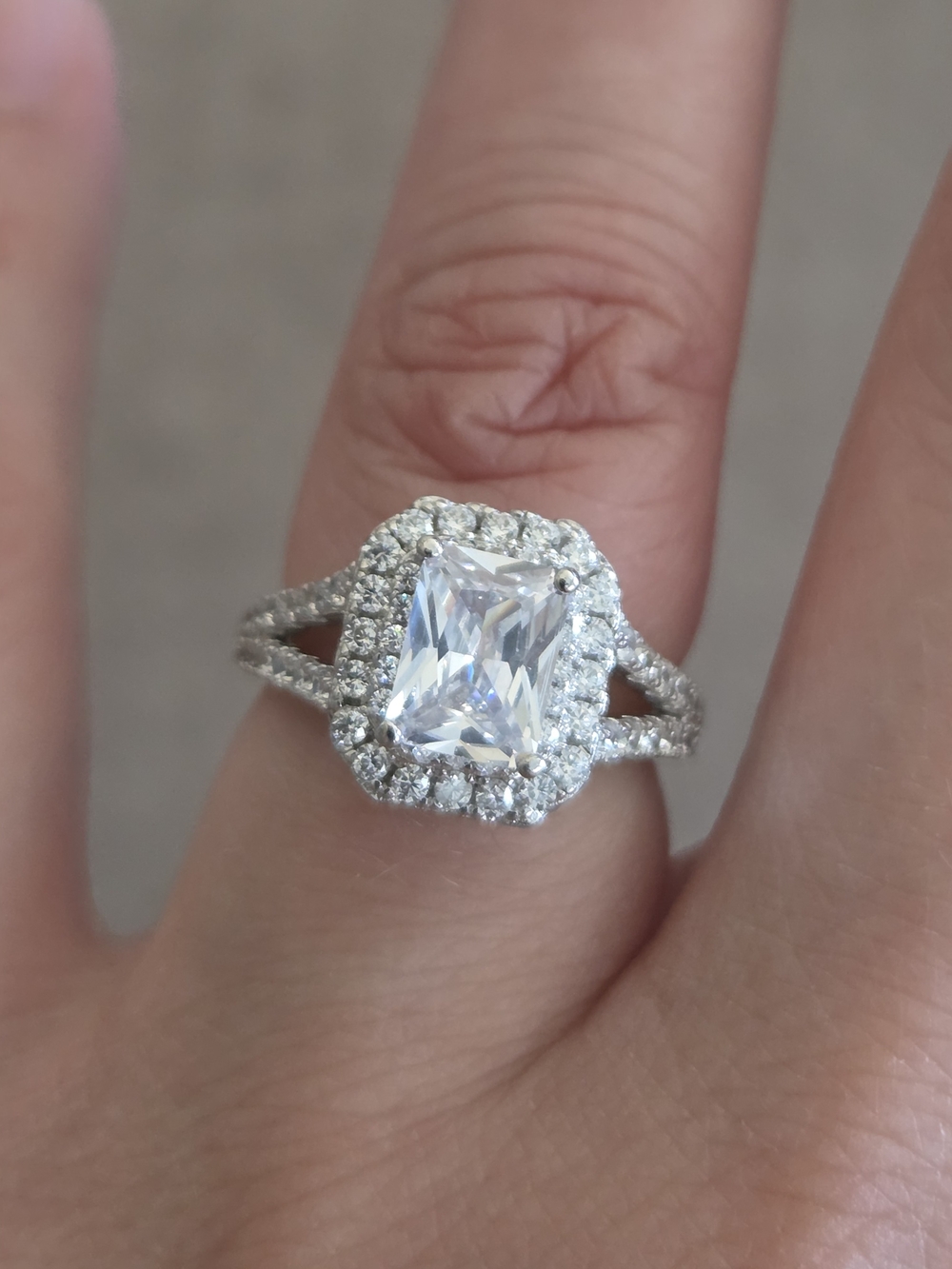 Sparkling Emerald-Cut Halo Crystal Ring - Sterling Silver